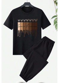 Resim Unisex Leopar Kalp Baskılı Eşofman Takımı Siyah 