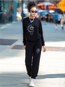 Resim ship master Kadın Siyah Güneş ve Ay Baskılı Eşofman Takımı %100 Pamuk Sweatshirt Pantolon 