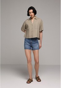 Resim Colin's Colins Fashion Fit Shirt Neck Düz Kadın Yeşil Kısa Kol Gömlek Cl1081558 Q1.v2 Kha Haki 