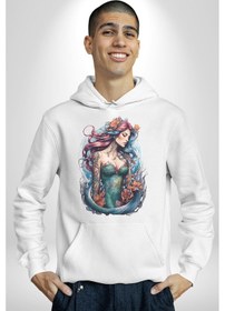Resim Deniz Kızı Çiçek Kadın Erkek Beyaz Kapüşonlu Sweatshirt Hoodie Beyaz 