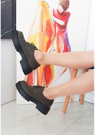 Resim Haki Renk Süet Bağcıklı Kalın Taban Kadın Loafer Ayakkabı 001 