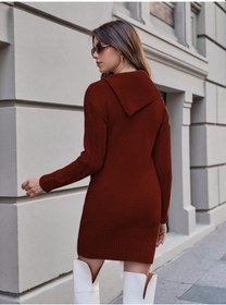 Resim Aqe Fashion Kadın Düğme Detaylı Uzun Kollu Saç Örgü Boğazlı Mendil Yaka Bordo Triko Tunik Elbise Bordo 