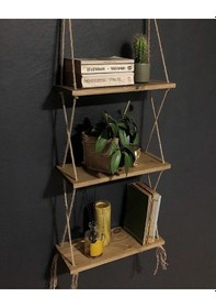 Resim O&Awood Halatlı Doğal Ahşap Dekoratif Duvar Rafı, 3 Katlı Ahşap Çiçeklik, (497954700) 