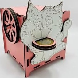 Resim Para Yutan Kedi Ahşap Kumbara, Dekoratif Kutu, 10x12x12 cm 