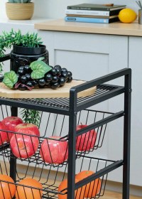 Resim Dekoratif Siyah Metal Sebzelik Tekerlekli 4 Raflı Tel Sepetli Çok Amaçlı Stand Siyah 