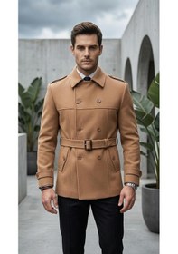 Resim Erkek Kemerli Trençkot Mont Kaşe Kumaş, Kapitone Astarlı, Çift Düğmeli Premium Tasarım Taba 