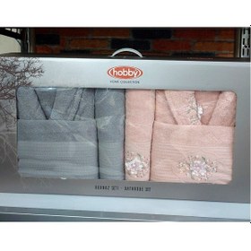 Resim Hobby Line %100 Saf Pamuk Aile Bornoz Seti-pembe Gri Pembe - Gri 