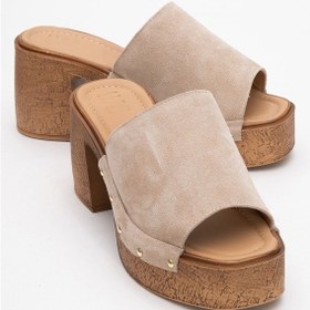 Resim Luvi Shoes Pull Bej Süet Hakiki Deri Kadın Platform Topuklu Terlik Bej 