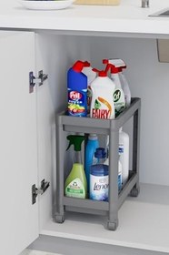 Resim 2 Katlı Tekerlekli Düzenleyici Raf Mutfak Tezgah & Evye Altı Dolap İçi Organizer, Banyo Deterjanlık ve Şampuanlık, Çok Amaçlı Taşınabilir Sebzelik, Modern Dekoratif Mutfak Raf Ünitesi (GRİ) 