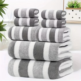 Resim 8 adet/Set Lint Olmayan, Süper Emici, Süper Yumuşak, Beş Yıldızlı Otel Standartı İki Renkli Çizgili Aralıklı Banyo Havlu Seti! 2 Büyük Banyo Havlusu, 2 Büyük Yüz Havlusu ve 4 El Havlusu içerir - Ev, Plaj, Açık Hava için uygun 