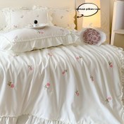 Resim Şık Gül Nakışlı Yazlık Yorgan Takımı - 3 Parça, Nevresim ve Yastık Kılıfları Dahil, Fırfır Detaylı Polyester 