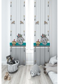 Resim Mekta Home Bebek Ve Çocuk Odası Kızılderili Filli Ve Seksek Desenli 2 Kanat Fon Perde 