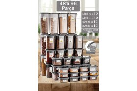 Resim Hima 48'li 96 Parça Çeyiz Seti - Etiketli Kare Erzak Saklama Kabı Çerezlik Baharatlık Bakliyat Kabı 