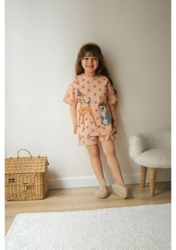 Resim Miniko Kids Kız Çocuk Ceylan Modelli Baskılı Şortlu Pamuk Takım Kahverengi 