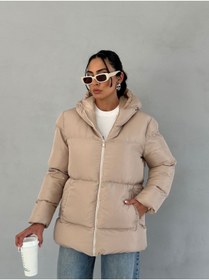 Resim moda armanc Kadın Krem Kapüşonlu Şişme Mont 