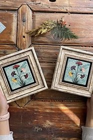 Resim Oscar Stone Decor Çerçeveli Taş Duvar Dekoru Tablo 20x20cm 2'li Set Ebruli Çiçek 