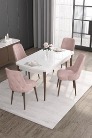 Resim Canisa Roy Serisi 80x132 Mdf Beyaz Masa Ceviz Ayak Masa Takımı Ve 4 Pembe Sandalye 