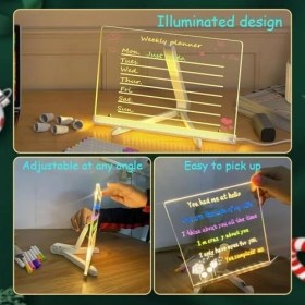 Resim LED Işıklı Akrilik Yazı Tahtası - 20X20 cm Şeffaf Masaüstü Not Panosu, USB Bağlantılı, 7 Renkli Kalem ve Stand Dahil, Çocuklar Için Eğlenceli Yazı Tahtası, Masa Dekoratif Ledli Işık Panosu (20X30 Cm) 