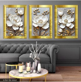Resim Evinemoda Gold Yapraklı Beyaz Çiçek 3 Parça Pleksi Aynalı Tablo 