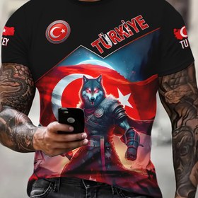 Resim Türk Bayrağı ve Kurt Savaşçısı Tasarımı Erkek Siyah T-Shirt - Rahat Yaka, Hafif ve Nefes Alabilir, Genç Yetişkinler İçin Yaz Modası, Rahat Yaz Giyimi | Cesur Grafik Tişört | Rahat Fit 