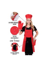 Resim Star Ayar Askılı 5li Mutfak Önlüğü Seti Ayar Askılı Havlulu Önlük, Şapka, Eldiven, Tutacak Kırmızı-siyah-kırmızı 