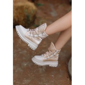 Resim Albi Moda Ten Rengi Bağcıklı Elyaflı Poli Taban Kadın Kar Botu 