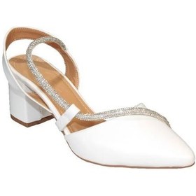 Resim Yazkış Kadın Krem Siyah 6cm Kalın Topuk Çapraz Taşlı Abiye Düğün Nişan Ayakkabısı 001 