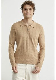 Resim Fermuarlı Polo Yaka Triko Kazak - Bej Bej 