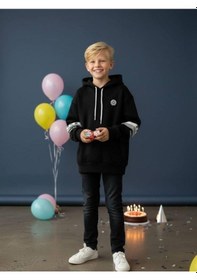 Resim Zekids Erkek Çocuk Kapüşonlu Kolları Şerit Detaylı Sweatshirt-16653 Siyah 