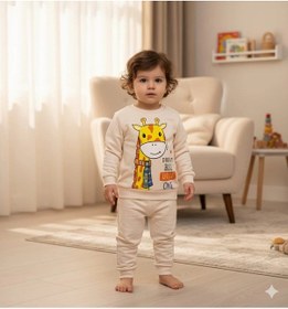 Resim Kız Bebek Zürafa Baskılı Çıt Çıtlı Alt Üst İkili Gündelik Takım 6-18 Ay Krem 