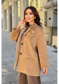 Resim Fever Broş Çiçekli Kadın Kaşe Kaban 342118001 Camel 