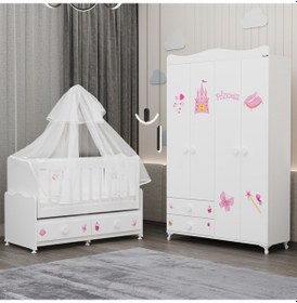 Resim Elegant Beşik Ve Yıldız 4 Kapaklı Dolap Yatak Uykuseti - Prenses Beyaz 
