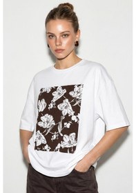 Resim Shade Kadın Bisiklet Yaka Çiçek Baskılı Oversize %100 Pamuklu T-shirt Öt100001 60286273 - Beyaz-kahve Beyaz - Kahverengi 
