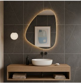 Resim 75x102 Cm Modern Asimetrik Led Banyo Aynası Dokunmatik Sensörlü, Dimmerli, 3000k Günışığı Sarı 