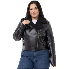 Resim Büyük Beden İçi Kürklü Kruvaze Fermuar Detaylı Cepli Deri Siyah Mont-siyah Siyah 