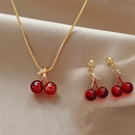 Resim 3 adet Kırmızı Kiraz Kolye ve Küpe Seti, Günlük Giyim ve Sevgililer Günü Hediyeleri için Mükemmel, Cadılar Bayramı, Noel, Doğum Günü ve Yıldönümü Takıları 
