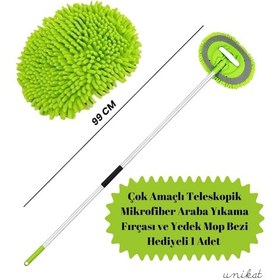 Resim Çok Amaçlı Teleskopik Mikrofiber Araba Yıkama Fırçası Yedek Mop Bezli 1 Adet Saplı Ve Ele Geçirmeli Kullanım Yeşil 