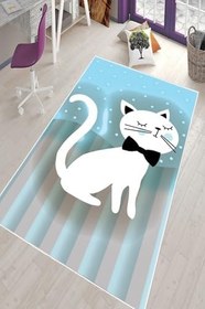 Resim Pelangi Mavi Kedi Desenli Yıkanabilir Kaymaz Taban Leke Tutmazbebek Ve Çocuk Odası Halısı, Gri-Mavi 80 x 150, 90135702380150 