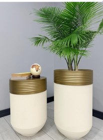 Resim Elegant Dekoratif Eskitme Darbuka Krem Saksı 70cm + Sehpa 60cm İkili Set 