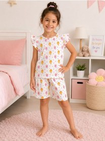 Resim Aliş Kids Kız Çocuk Pamuklu Beyaz Çiçek Desenli Kolları Fırfırlı Kısa Kollu Şortlu Yazlık Pijama Takımı Beyaz Sarı 
