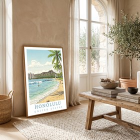 Resim Honolulu Hawaii - Waikiki Beach Diamond Head Wall Art Print - Wooden Frame - Black / 16 x 20" (40x50 cm) 