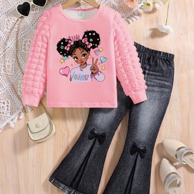 Resim Kızlar için 2 parçalı takım, şık ve sade İlkbahar/Sonbahar tarzı, baskılı yuvarlak yaka uzun kollu üst + taklit kot fiyonklu elastik bel pantolon, rahat ve çok yönlü ilkokul öğrencileri için günlük stil, Dış mekan için mükemmel 