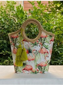Resim Jüt Hasır Püsküllü Flamingo Plaj Çantası Yeşil 