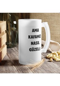Resim Ama Kafamız Nasıl Güzel Baskılı Buzlu Hediyelik Bira Bardağı - Doğum Günü - Sevgililer Günü Beyaz 