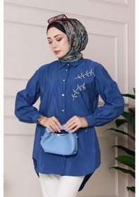 Resim Sevitli Önü İnci Taş İşlemeli Tunik-mavi-4794 Mavi 