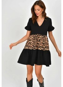 Resim Aqe Fashion Kadın V Yaka Leopar Desenli Bloklu Elbise Leopar & Siyah Leopar 