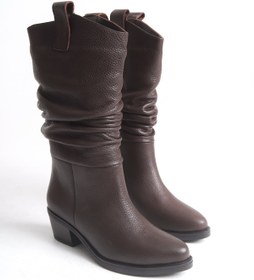 Resim Ayakkabı Delisiyim Kahverengi Deri Kadın Çizme Western Kovboy Piliseli Kaymaz Taban Kalın Topuklu Dina 