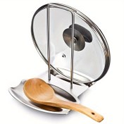 Resim Paslanmaz Çelik Tencere Kapak ve Kaşık Tutucu Damlalıklı Tepsi ile - Kapak, Kaşık, Spatula Saklama için Mutfak Düzenleyici Çıkarılabilir Damla Rafı ile - Pişirme Kapakları ve Aletleri için Sondaj Gerektirmeyen Kurulum Rafı 