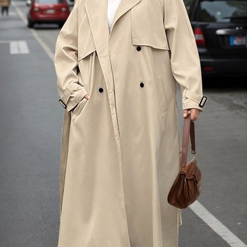 Plus Beden, 2025 İlkbahar Koleksiyonu Kadınlar İçin Klasik Renk Bloklu Dik Yaka Bol Kesim Trenç Koat Orta Boy Dış Giyim