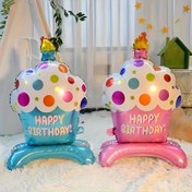Resim 2 adet Renkli Cupcake Folyo Balonlar "Mutlu Doğum Günü" Metni ile - Pembe ve Mavi Ayakta Mum Tasarımı Doğum Günleri, Kutlamalar ve Şenlik Dekorasyonları için, Doğum Günü Partisi Dekorasyonu 
